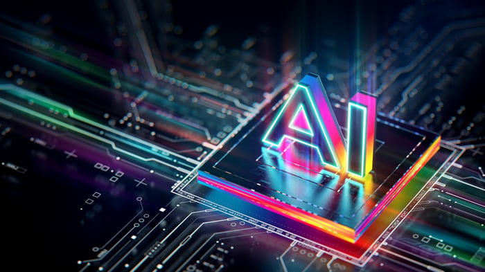 A graphic depicting a chip on a circuit board with the letters AI.